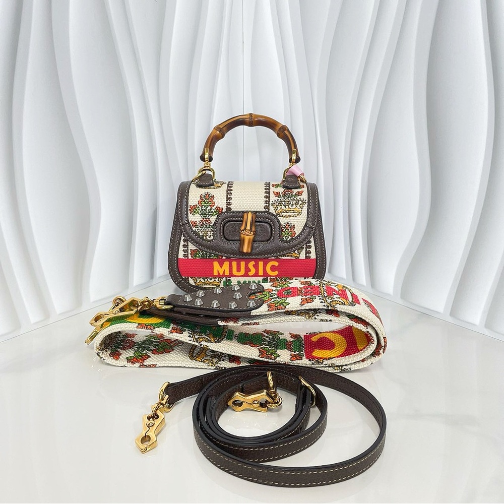 Gucci Printed Canvas Bamboo Top Handle Bag
